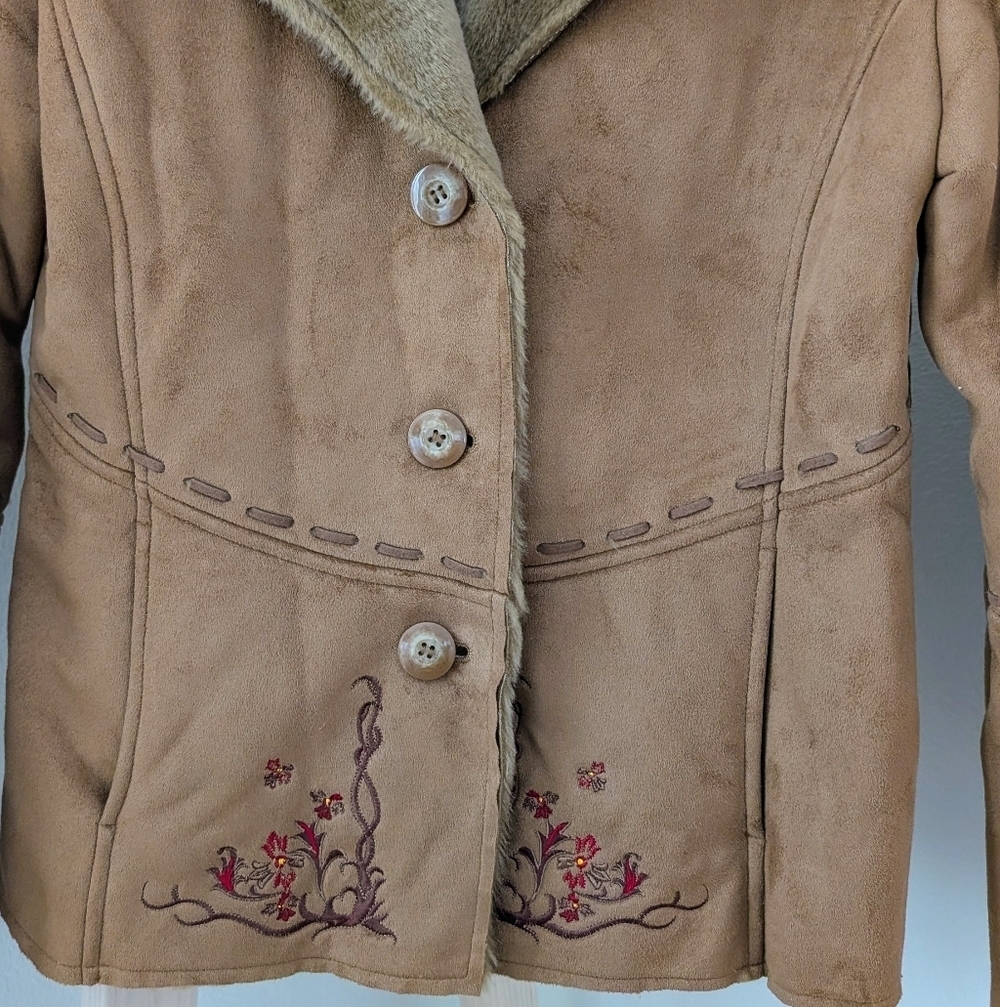 Vintage Faux Suede Faux Fur Collared Floral Embroidered Whipstitch Jacket Camel - Picture 5 of 7